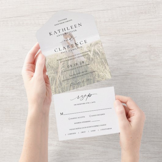 Invitation Tout En Un Photographie noir et blanc classique Mariage éléga (Déchirure)