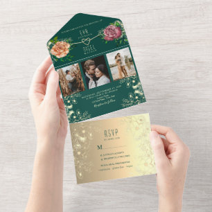 Invitation Tout En Un Photos de mariage vert émeraude