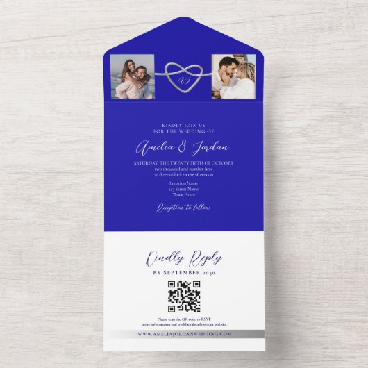 Invitation Tout En Un Photos Royal Blue Mariage QR Code (À l'intérieur)