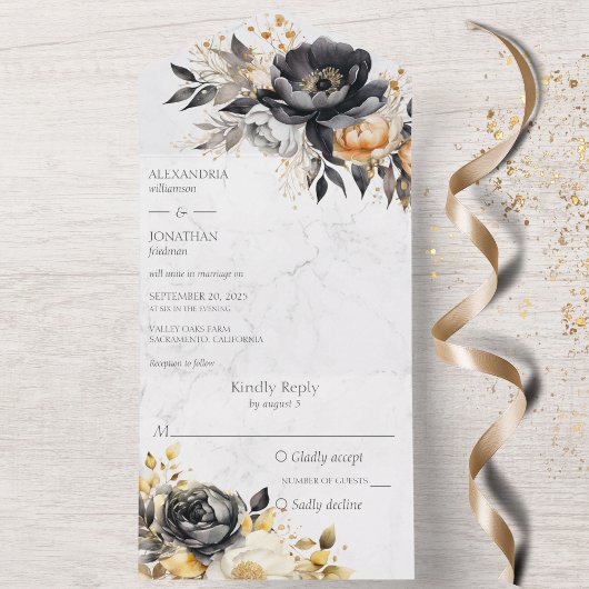 Invitation Tout En Un Pierres noires et or sur marbre