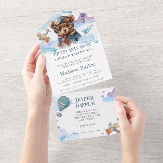 Invitation Tout En Un Pilote Teddy Bear Baby shower Diaper Raffin (Déchirure)