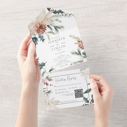 Invitation Tout En Un Pin de Noël rustique & Berries Code QR blanc (Déchirure)
