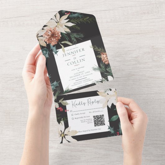 Invitation Tout En Un Pin de Noël rustique noir QR Code (Déchirure)