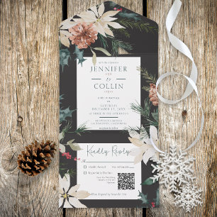 Invitation Tout En Un Pin de Noël rustique noir QR Code