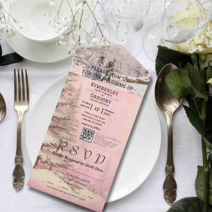 Invitation Tout En Un Pin neige rose vif hiver Pine Tree photo Code QR