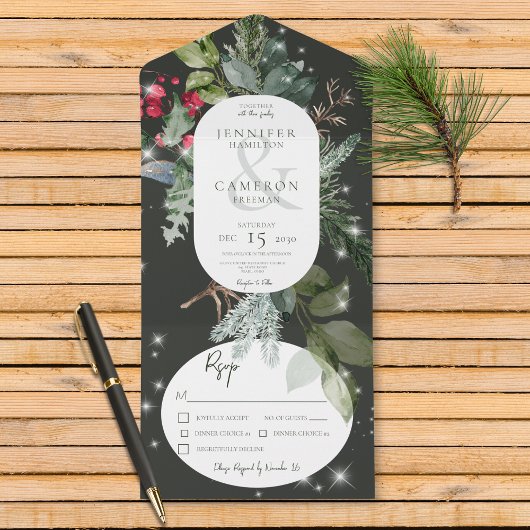 Invitation Tout En Un Pin Noir Rustique & Dîner Sparkle Hiver Holly