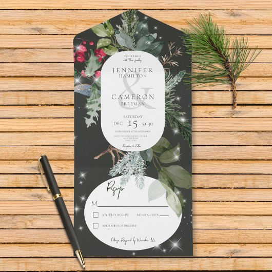 Invitation Tout En Un Pin Noir Rustique & Étincelle D'Hiver Holly Sans D