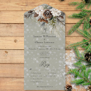 Invitation Tout En Un Pin Russe Snowfall & Dîner Floral Blanc Sage