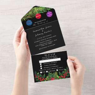 Invitation Tout En Un Pin vert cône Noir hiver Aquarelle Mariage