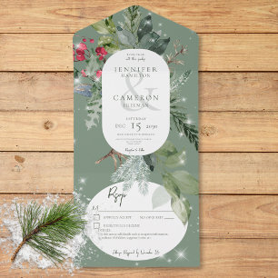Invitation Tout En Un Pin vert rustique et étincelle hivernale Holly Dét