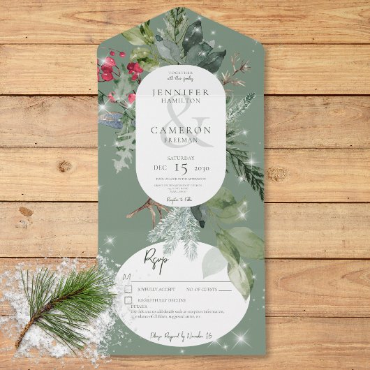 Invitation Tout En Un Pin vert rustique et étincelle hivernale Holly Dét