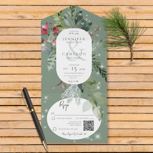 Invitation Tout En Un Pin vert rustique et Sparkle hivernal creux Code Q