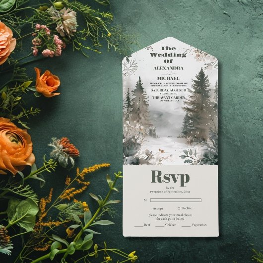 Invitation Tout En Un Pine Tree Forest Russe Aquarelle Mariage à thème