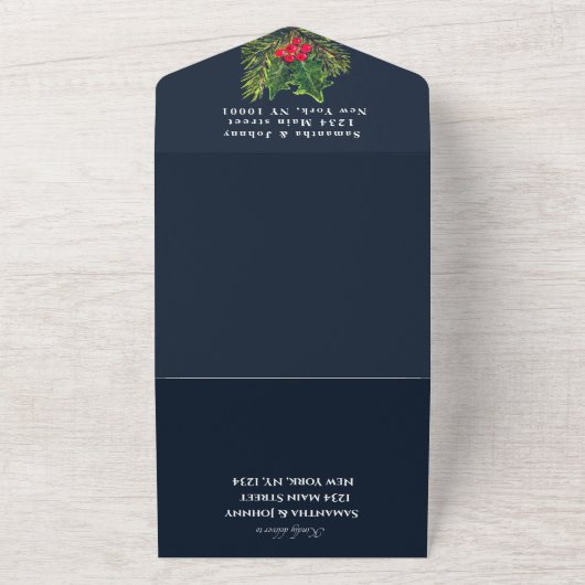 Invitation Tout En Un Pine verte Mariage d'aquarelle bleu marine d'hiver (Dehors)