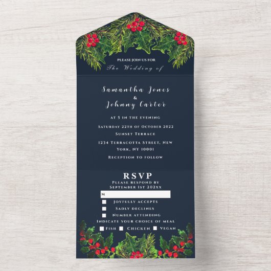 Invitation Tout En Un Pine verte Mariage d'aquarelle bleu marine d'hiver (À l'intérieur)