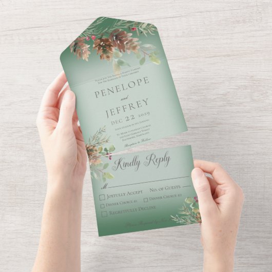 Invitation Tout En Un Pinecone & Beries Dîner Vert Vin Moderne (Déchirure)