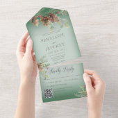 Invitation Tout En Un Pinecone & Berries vert moderne Code QR (Déchirure)