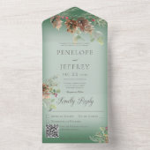 Invitation Tout En Un Pinecone & Berries vert moderne Code QR (À l'intérieur)