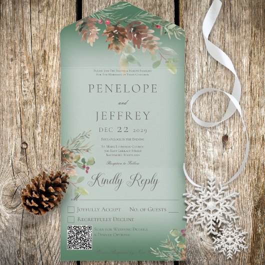 Invitation Tout En Un Pinecone & Berries vert moderne Code QR