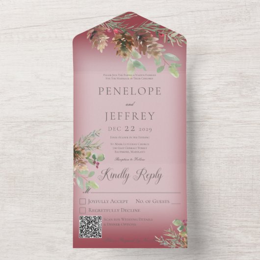Invitation Tout En Un Pinecone & Berries Vin moderne Rouge QR Code (À l'intérieur)
