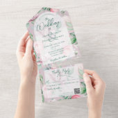 Invitation Tout En Un Pink and Green Country Floral QR Code (Déchirure)
