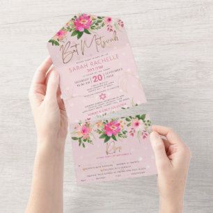 Invitation Tout En Un Pink Bat mitzvah Gold Type Aquarelle Floral Party