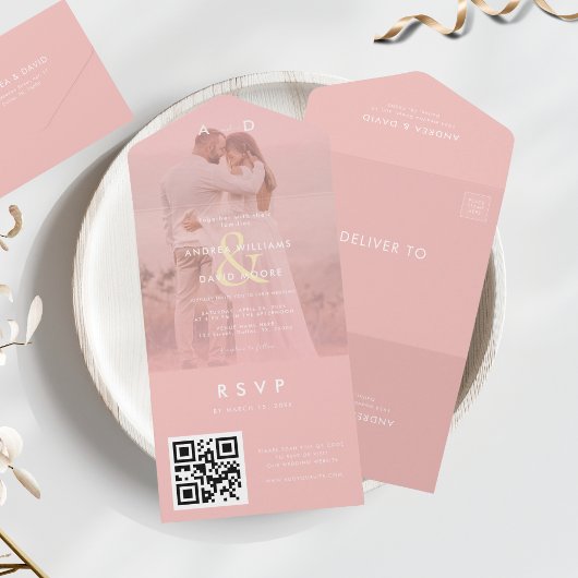 Invitation Tout En Un Pink Faded Photo Gold Ampersand & QR Code Mariage