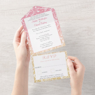 Invitation Tout En Un Pink Gold Ombre Paisley Henna Wedding RSVP
