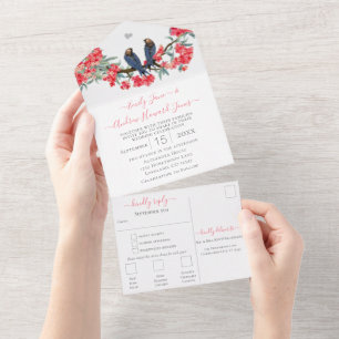 Invitation Tout En Un Pink & Navy Secret Lovebird Forest Garden Mariage