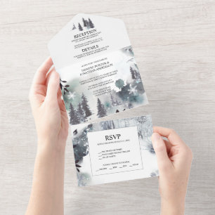 Invitation Tout En Un Pins des Alpes, Montagnes, Mariage Brumeux