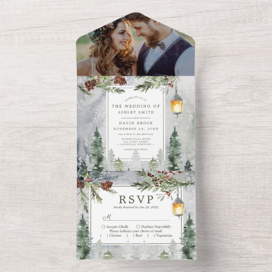 Invitation Tout En Un Pins d'hiver rustique Mariage de lanterne botaniqu (À l'intérieur)