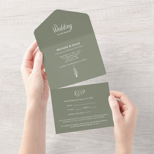 Invitation Tout En Un Pins rustiques Mariage vert Sage simple (Déchirure)
