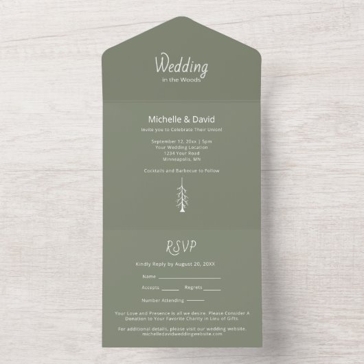Invitation Tout En Un Pins rustiques Mariage vert Sage simple (À l'intérieur)
