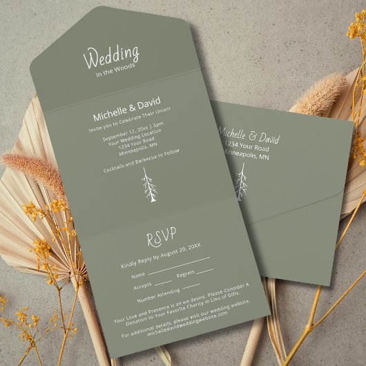 Invitation Tout En Un Pins rustiques Mariage vert Sage simple