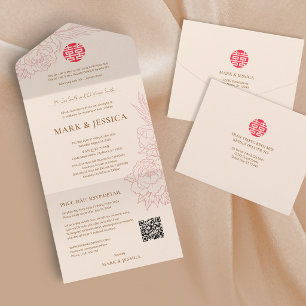 Invitation Tout En Un Pivoines vietnamiennes bilingues Traditionnelles