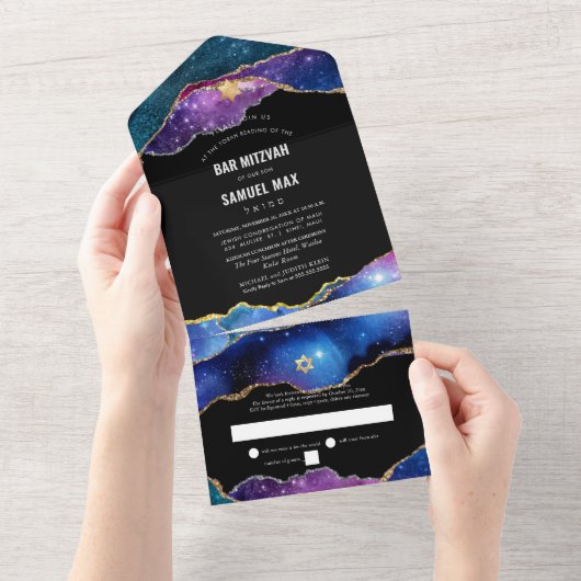 Invitation Tout En Un PixDezines Aquarelle Galaxy Agate Bar Mitzvah (Déchirure)
