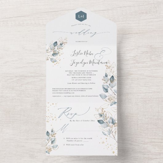 Invitation Tout En Un PixDezines Aquarelle Rustique Gomme Bleue Eucalypt (À l'intérieur)