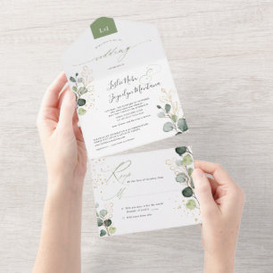 Invitation Tout En Un PixDezines Aquarelle Rustique Vert Or Eucalyptus