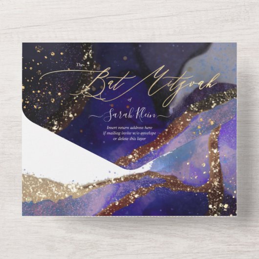 Invitation Tout En Un PixDezines Cosmic Indigo Bat mitzvah bleu (Verso)