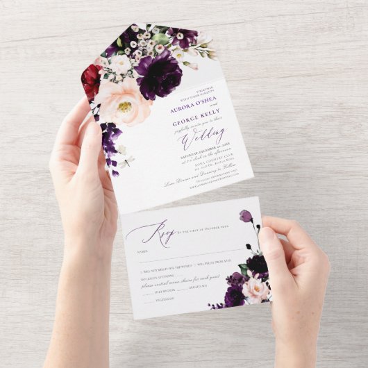 Invitation Tout En Un PixDezines Eggplant Blush Navy H2 Fleurs (Déchirure)
