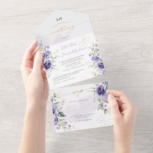 Invitation Tout En Un PixDezines Elegant Aquarelle violet Roses (Déchirure)