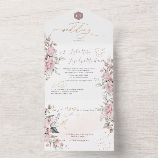 Invitation Tout En Un PixDezines Elégante Dusty Rose Aquarelle Fleurs (À l'intérieur)
