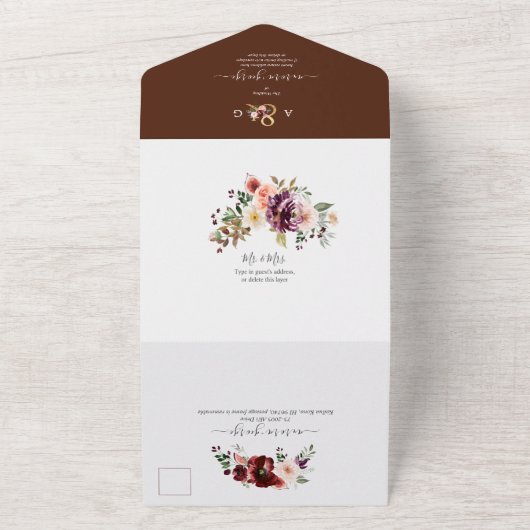 Invitation Tout En Un PixDezines Fleurs d'aquarelle d'automne Marsala (Dehors)