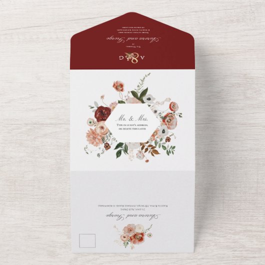 Invitation Tout En Un PixDezines Fleurs d'aquarelle d'automne Marsala Ro (Dehors)