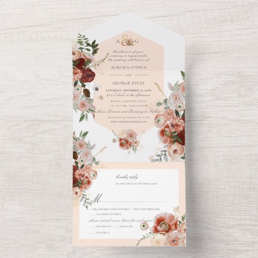 Invitation Tout En Un PixDezines Fleurs d'aquarelle d'automne Marsala Ro (À l'intérieur)