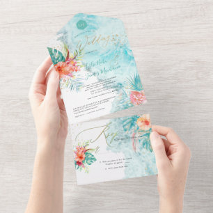 Invitation Tout En Un PixDezines Fleurs de Plage Paradise Tropical Folia