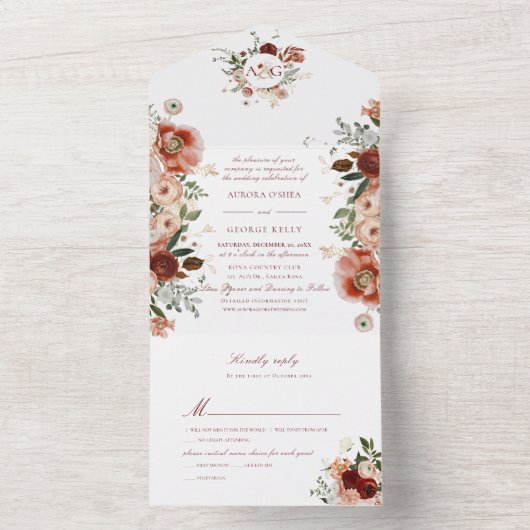 Invitation Tout En Un PixDezines H2 Fleurs d'aquarelle d'automne Marsala (À l'intérieur)