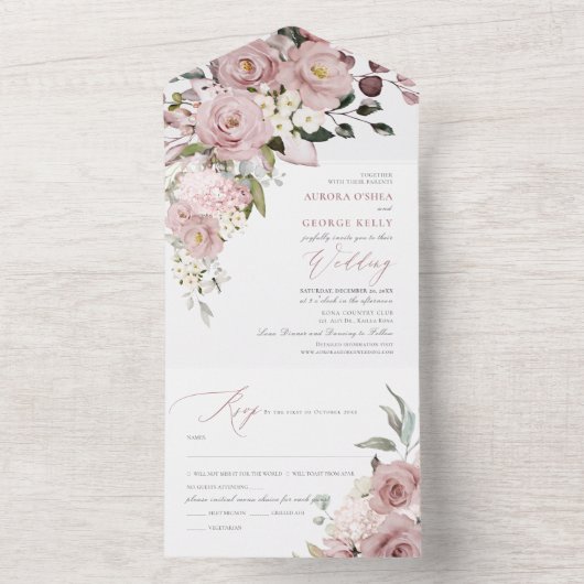 Invitation Tout En Un PixDezines H2 Fleurs Roses Dusty (À l'intérieur)