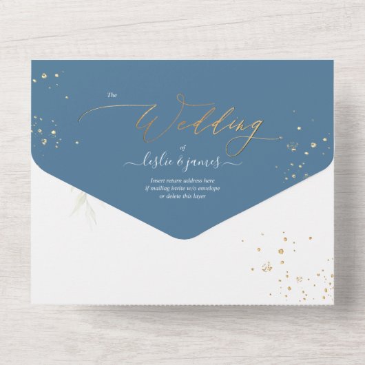 Invitation Tout En Un PixDezines H2 Rustique Dusty Blue Eucalyptus Gold (Verso)