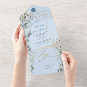 Invitation Tout En Un PixDezines H2 Rustique Dusty Blue Eucalyptus Gold